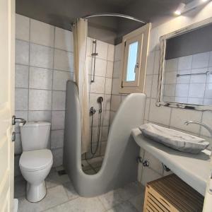 a bathroom with a shower and a toilet and a sink at Theros Casa Logaras in Piso Livadi +27 photos