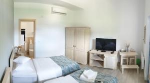 a hotel room with two beds and a television at Pensiunea NEST in Dunavăţu de Jos