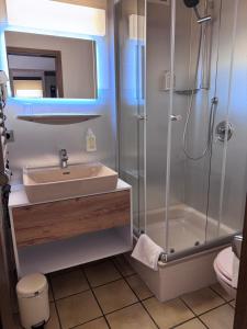 a bathroom with a sink and a shower at Hotel Kelkheimer Hof in Kelkheim +38 photos