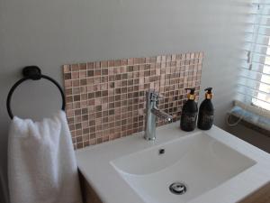 a bathroom with a sink with two bottles on it at Wild Tree Lodge in Benoni