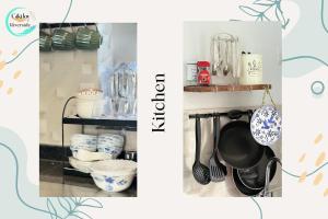 a kitchen with a shelf with dishes and utensils at Riverfront By Gikijoy in Agarvado