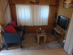 a living room with a couch and a tv and a table at African Tent in Ponte da Barca