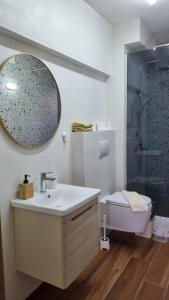 a bathroom with a sink and a shower and a toilet at Lukanov Apartments - Lake view in Ohrid +63 photos
