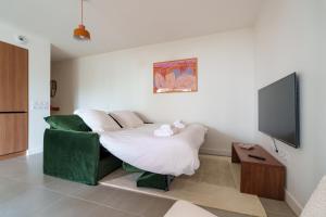 a bedroom with a bed and a flat screen tv at L'Esplanade - T3 Design avec Parking et Mini-golf in Le Bouscat