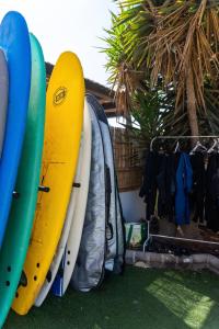 a group of surfboards are lined up next to a tent at Banama Surfhouse - Coliving Coworking & Yoga in Corralejo