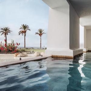 a swimming pool with palm trees in the background at Falkensteiner Resort Capo Boi in Villasimius +43 photos