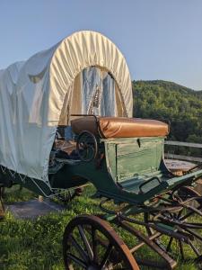 an old green carriage with a tent on it at La Calèche Western in Lafarre