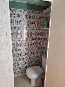 a small bathroom with a toilet and a wall at L'Oursonnière de la Rende in Quérigut