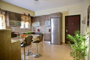 a kitchen with a refrigerator and a table with chairs at Clio Apartment in Gázion +12 photos