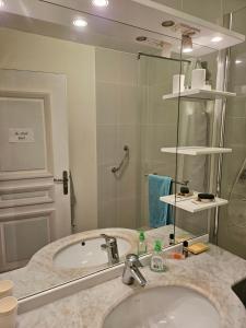a bathroom with a sink and a tub and a mirror at Nuits Dijon Chambre in Dijon