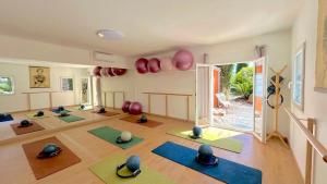 a room with a yoga class with yoga balls on the floor at Domaine de Roque Haute in Portiragnes