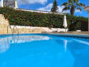 a large blue swimming pool with an umbrella and flowers at Villa Best Holiday Sea View Private Pool near Coral Bay with Garden and BBQ in Peyia