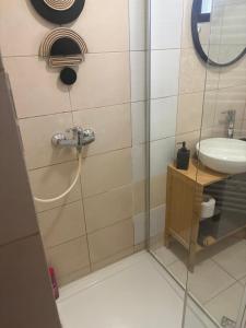 a bathroom with a shower and a sink at MIK Chalet in Săcele +62 photos