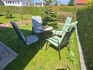 a group of chairs and a table in the grass at Zum Rosengarten in Rambin