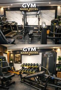 a gym with chairs and weights in a room at Hotel Nana in Abidjan