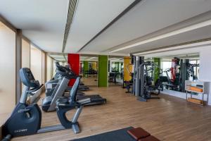 ein Fitnessstudio mit Laufbändern und Ellipsentrainern in der Unterkunft Radisson Udaipur in Udaipur