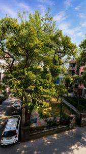 a white car parked under a tree on a street at Checkpoint backpacker in New Delhi