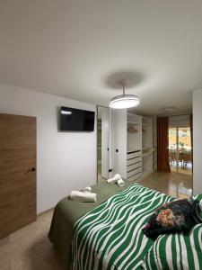 a bedroom with a green bed with a television on the wall at Ónice de Riviera 2 in Mijas Costa +29 photos