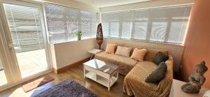a living room with a couch and two windows at Boyne Place in East Hoathly