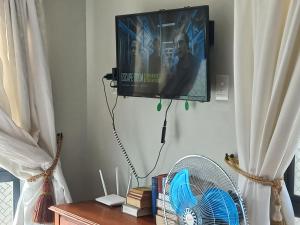 a flat screen tv hanging on a wall with a fan at Rosa Villa in Hermanus