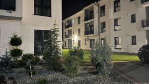 an apartment building with plants in a courtyard at night at Diana Apartments in Arad