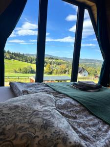 a bedroom with a bed and a window with a view at Brdy Koniakowskie in Koniaków