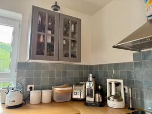 a kitchen with a counter with appliances on it at Ferienwohnung LANDZEIT in Bad Soden-Salmünster
