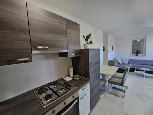 a kitchen with a stove top oven next to a living room at APP Mary in Novigrad Istria