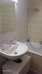 a bathroom with a white sink and a shower at Messe-clarastrasse -Wohnung in Basel +23 photos