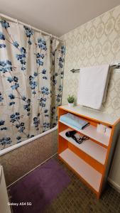 a bathroom with a sink and a shower curtain at Messe-clarastrasse -Wohnung in Basel