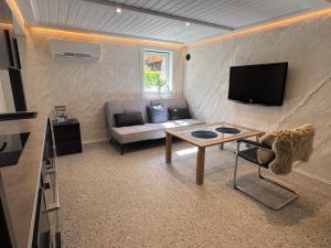 a living room with a couch and a tv at Pool & Sauna Retreat - Private Studio Apartment Porsgrunn in Porsgrunn