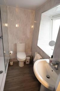a bathroom with a toilet and a sink and a mirror at 1BR Charming Cottage in Central Moffat in Moffat