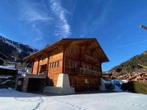 a large wooden building with snow on the ground at Le Mélézin Bleu in Morgins