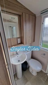 a bathroom with a white sink and a toilet at Taylor Tides Caravan in Abergele