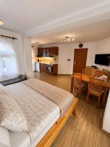 a bedroom with a bed and a table and a kitchen at Apartmán Eskadra 1 in Horní Malá Úpa