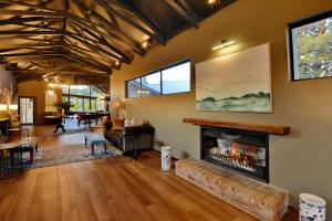 a living room with a fireplace and a couch at Dunkeld East in Dullstroom