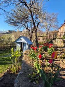 a garden with red flowers and a small house at Guest House Aspindza in Aspindza