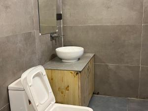 a bathroom with a white sink and a toilet at Magnetic Ridge Kasar in Hawālbāgh