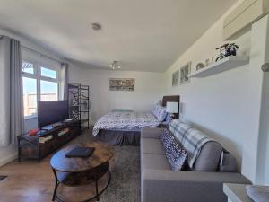 a living room with a couch and a bed at Zoila's Rest - A self-contained studio in Spalding