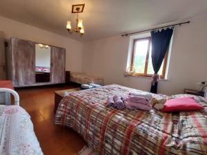 a bedroom with a bed with a blanket and a window at Iridea in Lamoli Di Borgo Pace