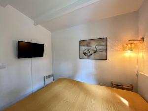a room with a bed and a flat screen tv at Palombes 5 in Lacanau