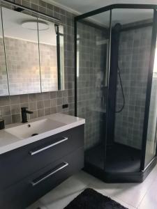a bathroom with a sink and a glass shower at Søvikhus in Haram