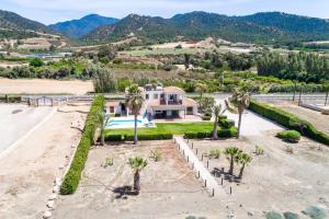 an aerial view of a house with palm trees at Seafront Villa Ocean Pearl - Private Beach Area & Pool in Polis Chrysochous