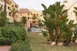 una palma in un cortile accanto ad alcuni edifici di Splendide Appartement Deluxe a Manilva