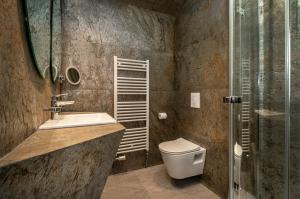 a bathroom with a toilet and a sink and a shower at Hôtel-Restaurant Logis l'Aubrac Laguiole in Laguiole +69 photos