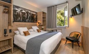 a hotel room with a bed and a television at Hôtel-Restaurant Logis l'Aubrac Laguiole in Laguiole