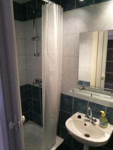 uma casa de banho com um lavatório e um chuveiro com uma cortina de chuveiro em Mátyás Szállás em Szombathely