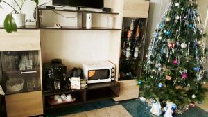 a christmas tree in a living room with a microwave at TGK Zaraisk in Zaraysk