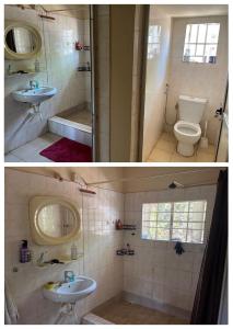 two pictures of a bathroom with a toilet and a sink at Comfy room in Wilkinson road ft in Freetown