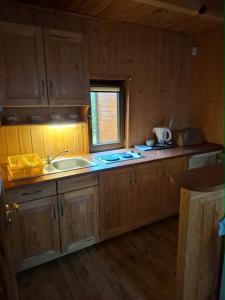 a kitchen with wooden cabinets and a sink and a window at DELFIN - Lawendowy Zakątek in Sianozety